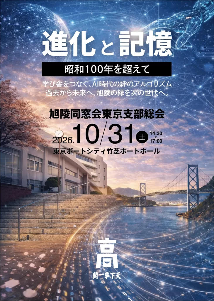 旭陵同窓会 東京支部総会2026ポスター「進化と記憶 〜昭和100年を超えて〜」2026年10月31日（土）東京ポートシティ竹芝 ポートホール